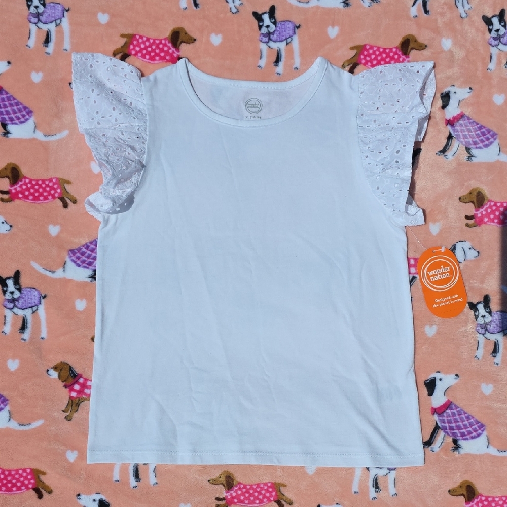 White Eyelet Sleeve Ruffle Tee